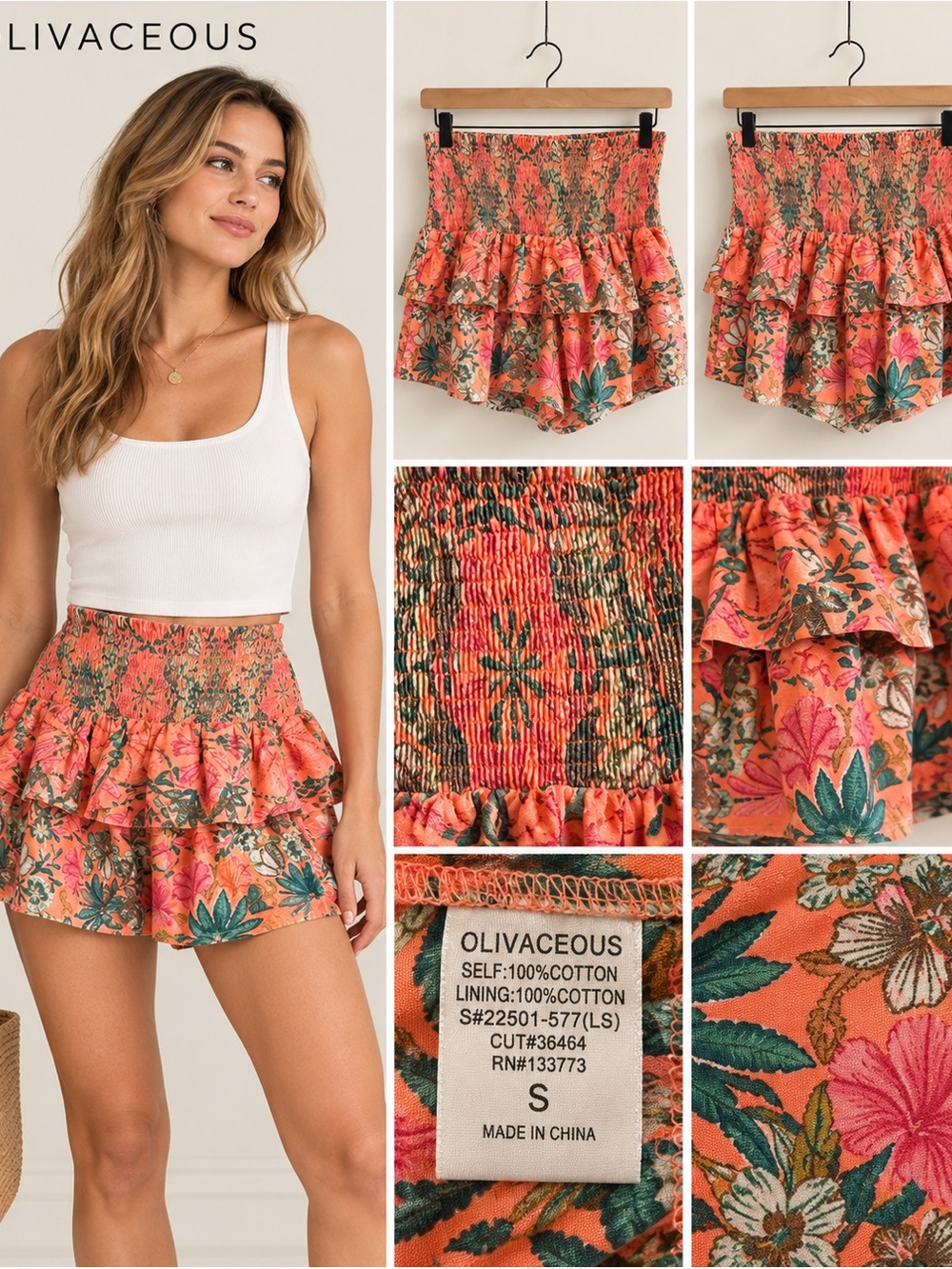 Olivaceous Coral Floral Smocked Ruffle Shorts Size S